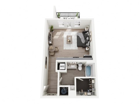 Inverness studio apartment at Nook Nine in Indianapolis, IN 46240, featuring a bright, open floor plan, modern kitchen with stainless steel appliances, private balcony, walk-in closet, and in-unit washer/dryer, offering stylish city living near Keystone at the Crossing.